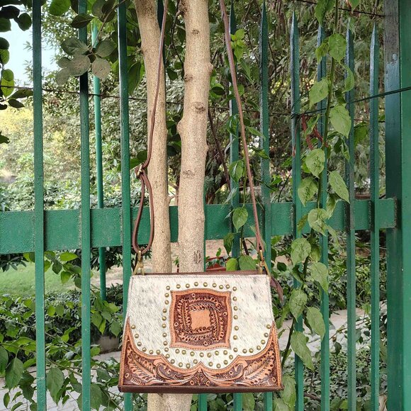 Western Hair-on Leather Purse – Tooled Cowhide Tote, Crossbody Shoulder Bag - Picture 10 of 12